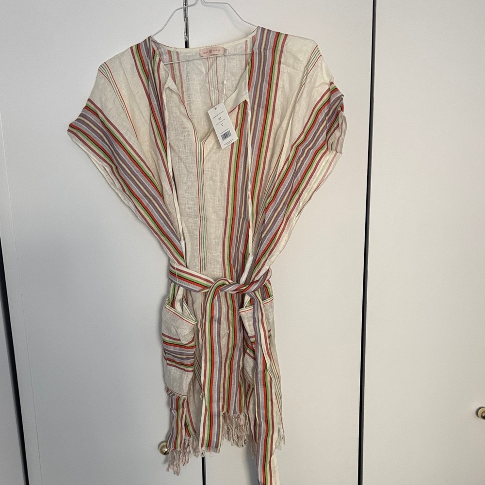 Tory Burch Cream and Multicolor Striped Tunic 100% Linen NWT